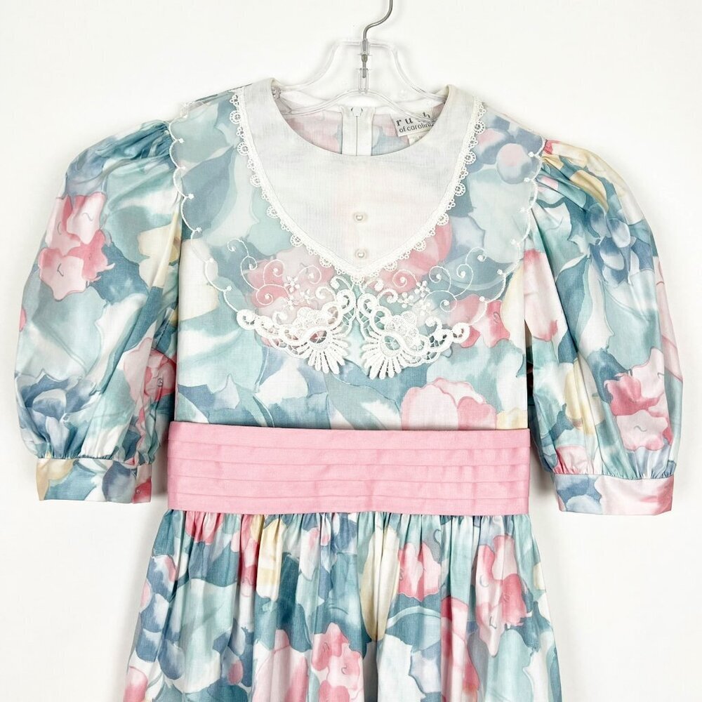 Vintage Ruth of Carolina Lace Collar Puff Sleeve Floral Print Dress Kids Size 10